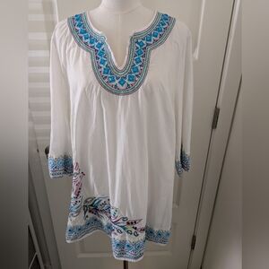 CATHERINE'S Tunic White and Blue Embroidered with Rhinestones Plus Size 1X